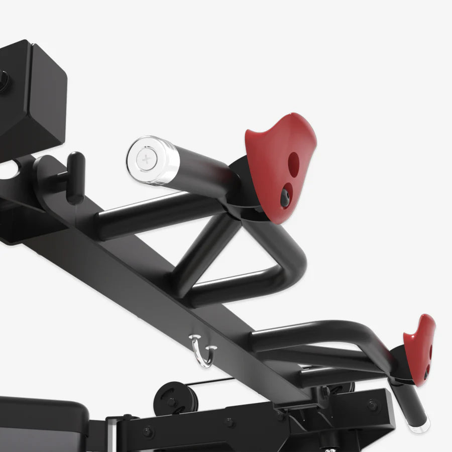Close-up of Altas Folding Home Gym Smith Machine with red handles, perfect for compact spaces in Vancouver. Train safely and efficiently.