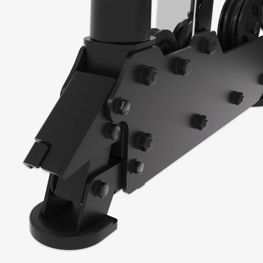 Close-up of the durable mechanism of the Altas Folding Home Gym Smith Machine, perfect for home gym setups in Vancouver.