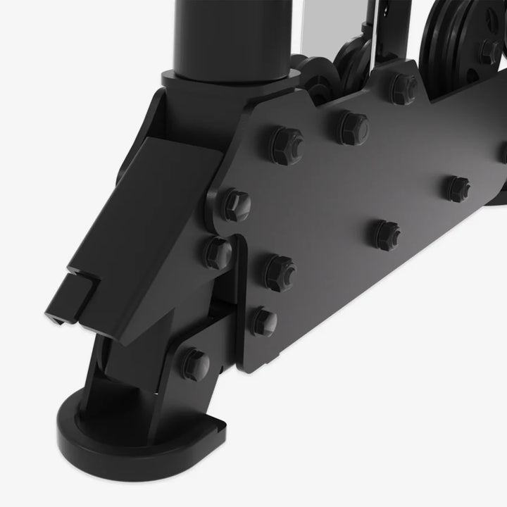 Close-up of the durable mechanism of the Altas Folding Home Gym Smith Machine, perfect for home gym setups in Vancouver.