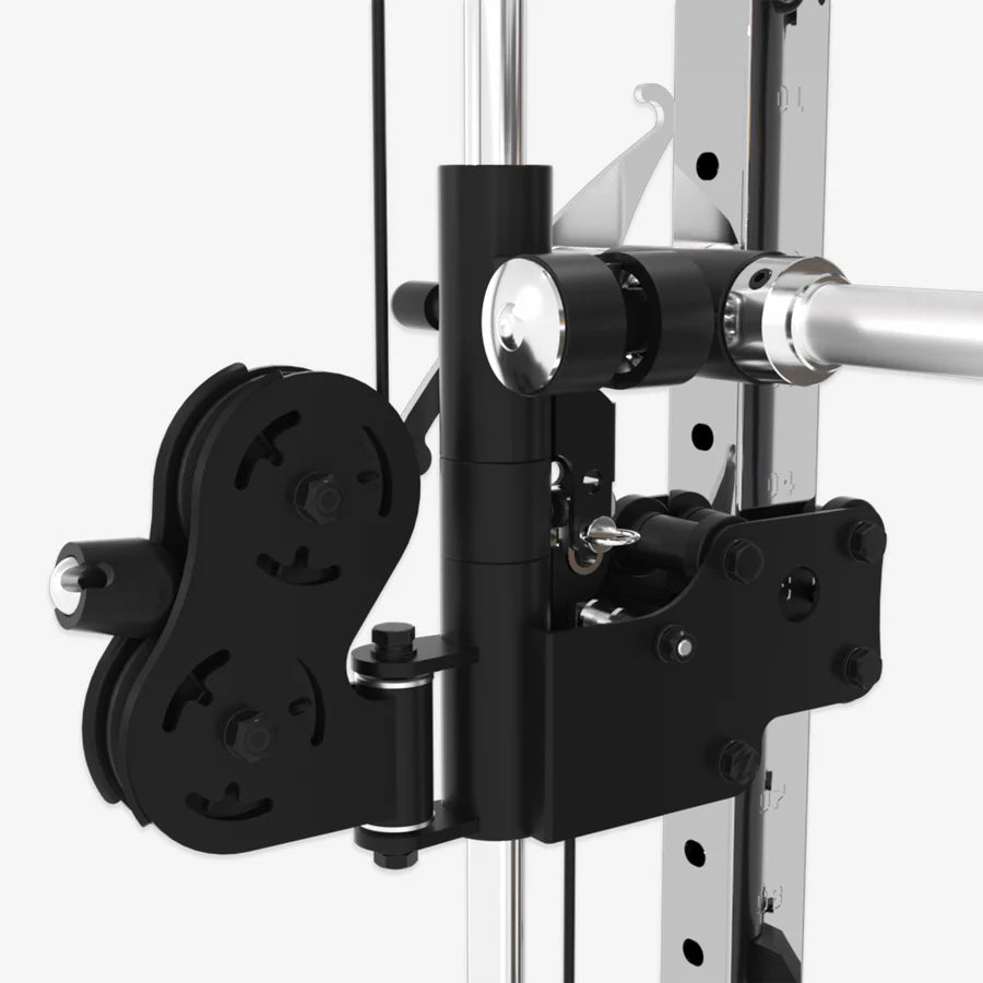 Close-up of the pulley system on the Altas Folding Home Gym Smith Machine, ideal for weightlifting and strength training in Vancouver.