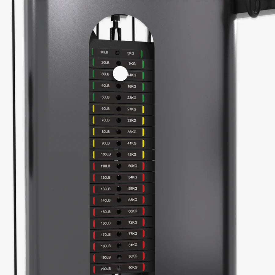 Detailed view of weight stack on Altas Folding Smith Machine, ideal for home gym training in Vancouver.