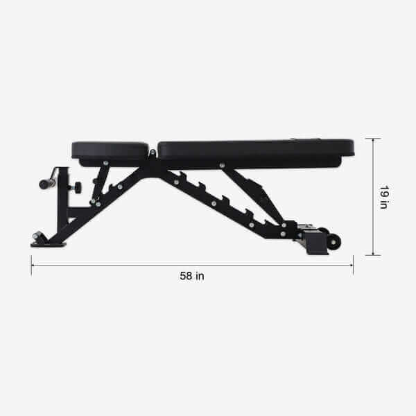 Adjustable multi-functional bench side view, 58 in long, ideal for home gym training in Vancouver.