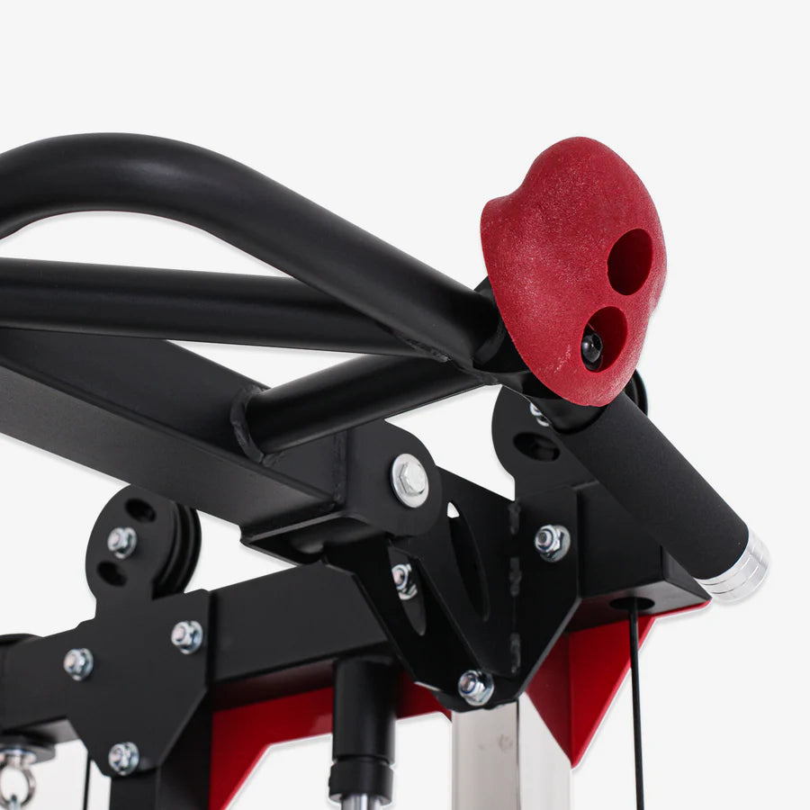 Close-up of ALTAS STRENGTH AL-3107 folding Smith machine handles; perfect for home gyms in Vancouver. Shop affordable gym equipment.