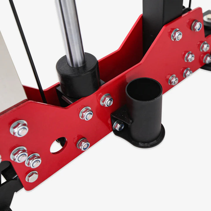 Close-up of the ALTAS Strength Folding Smith Machine AL-3107, highlighting its sturdy construction and adjustable components for home gym training.