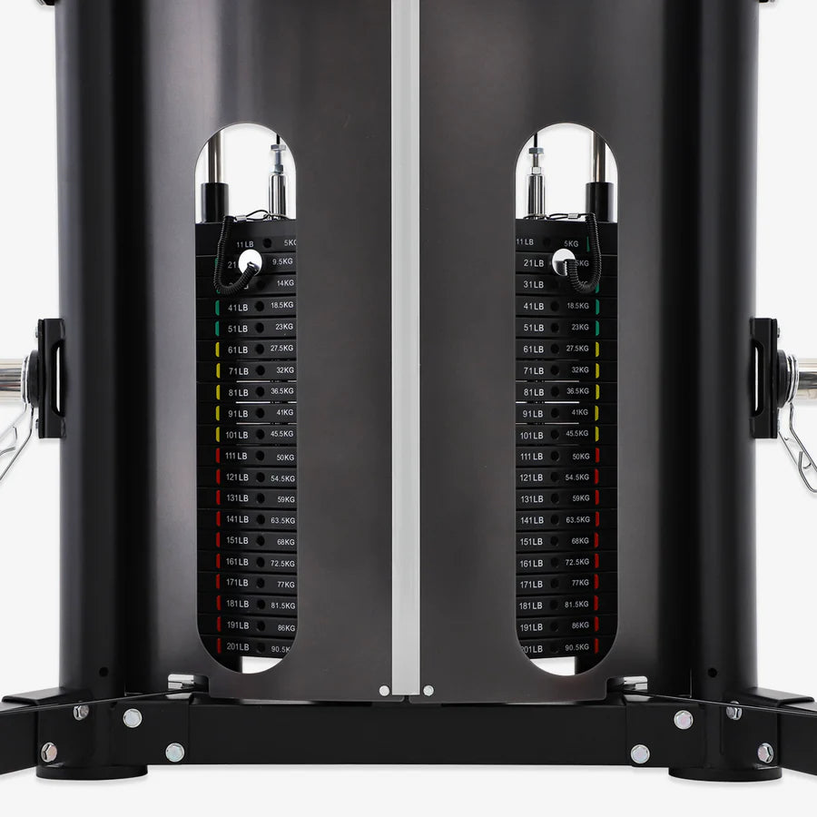 Adjustable weight stacks on the ALTAS Strength AL-3107 folding Smith machine for effective workouts in Vancouver.