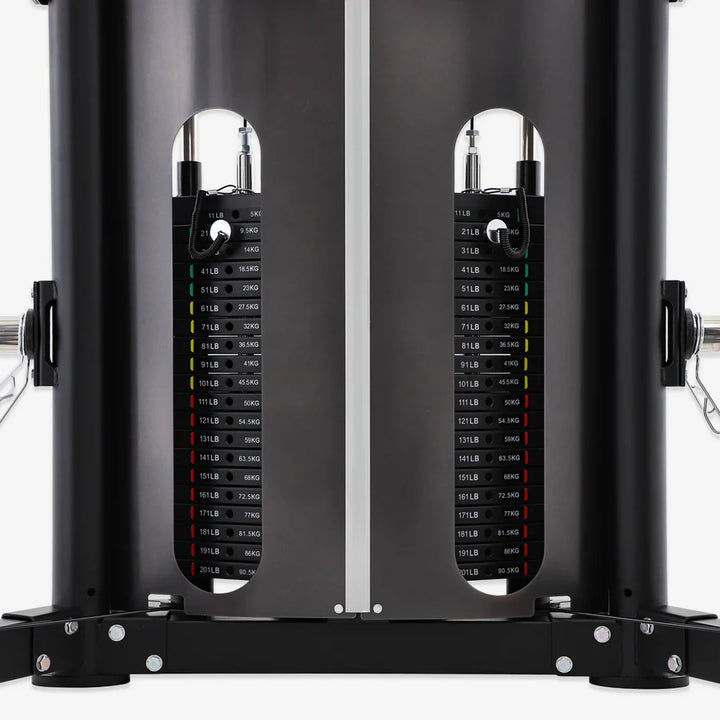Adjustable weight stacks on the ALTAS Strength AL-3107 folding Smith machine for effective workouts in Vancouver.