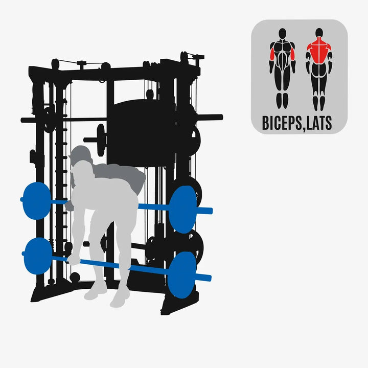 Weightlifting with Altas Strength Smith Machine AL-3059 targeting biceps and lats, perfect for home gyms in Vancouver.