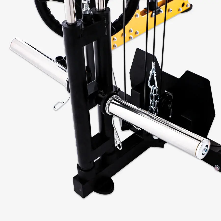 Close-up view of the Altas Strength Smith Machine AL-3059 showing chrome weights and pulley system for gym workouts.