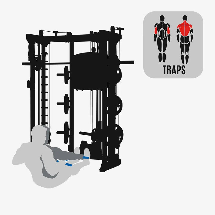 Person using Altas Strength Smith Machine AL-3059 targeting traps, ideal for home gym in Vancouver.