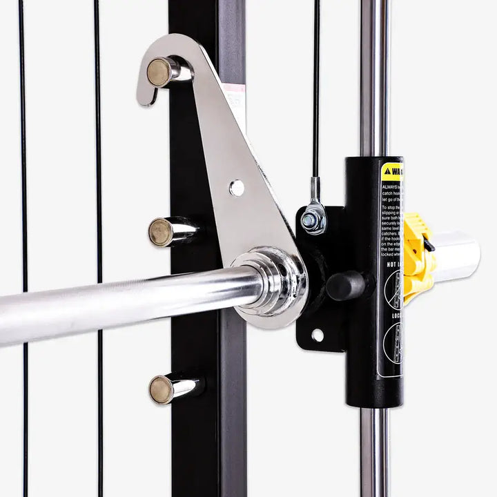 Close-up of Altas Strength Smith Machine AL-3059's bar attachment mechanism for weightlifting in Vancouver home gyms.