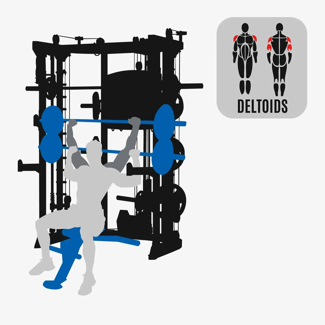 Trainer using Altas Strength Smith Machine AL-3059, focusing on deltoids in a home gym setting in Vancouver.
