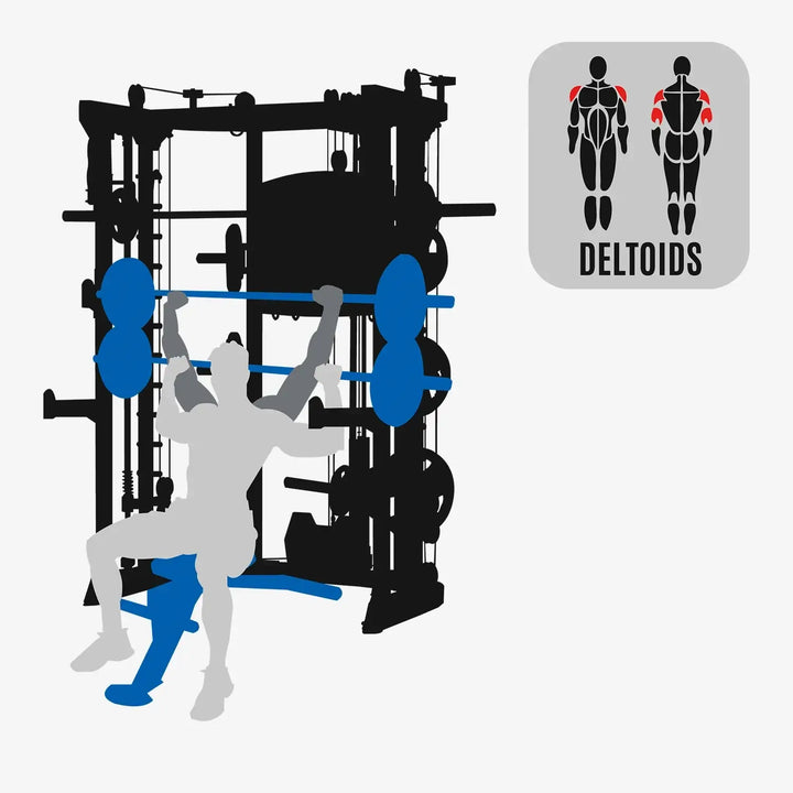 Trainer using Altas Strength Smith Machine AL-3059, focusing on deltoids in a home gym setting in Vancouver.