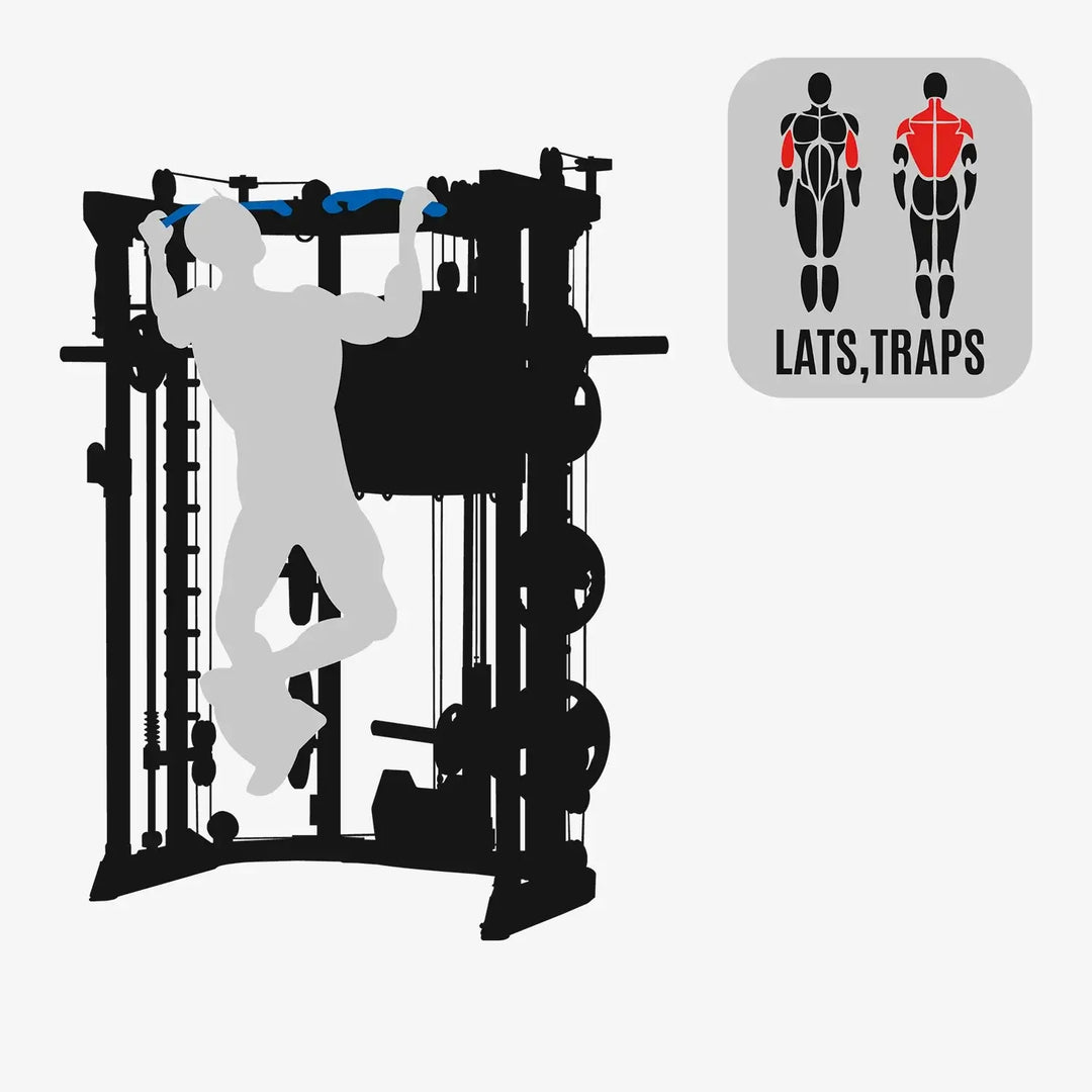 User training on Altas Strength Smith Machine AL-3059 focusing on lats and traps, ideal for home gym in Vancouver.