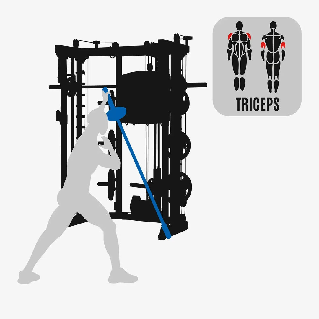 User training triceps with Altas Strength Smith Machine, a key piece of gym equipment for home gyms in Vancouver.