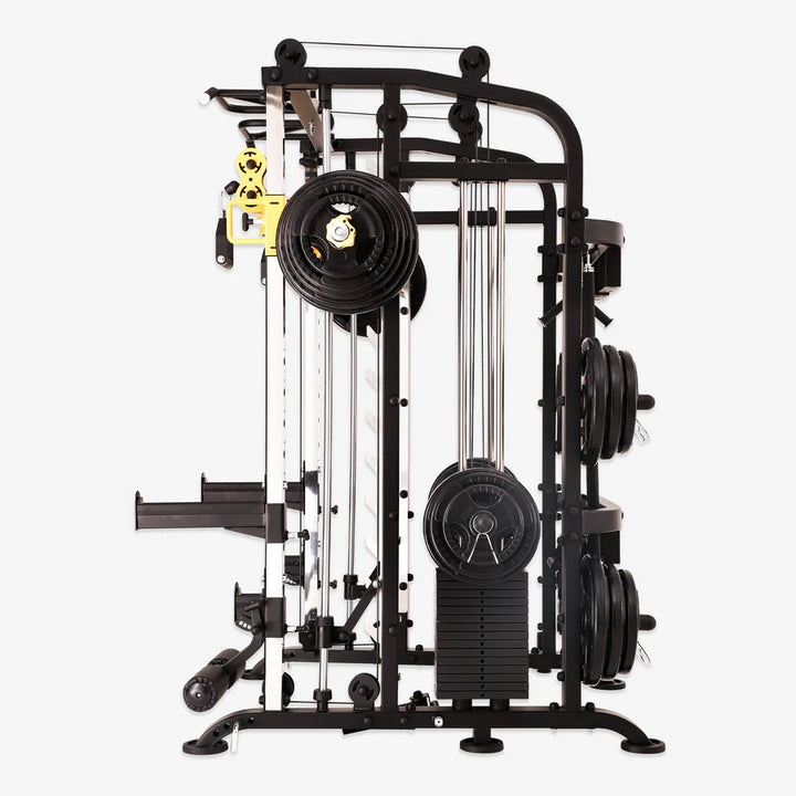 Smith machine with integrated arm and leg stations, ideal for home gym and weightlifting in Vancouver.