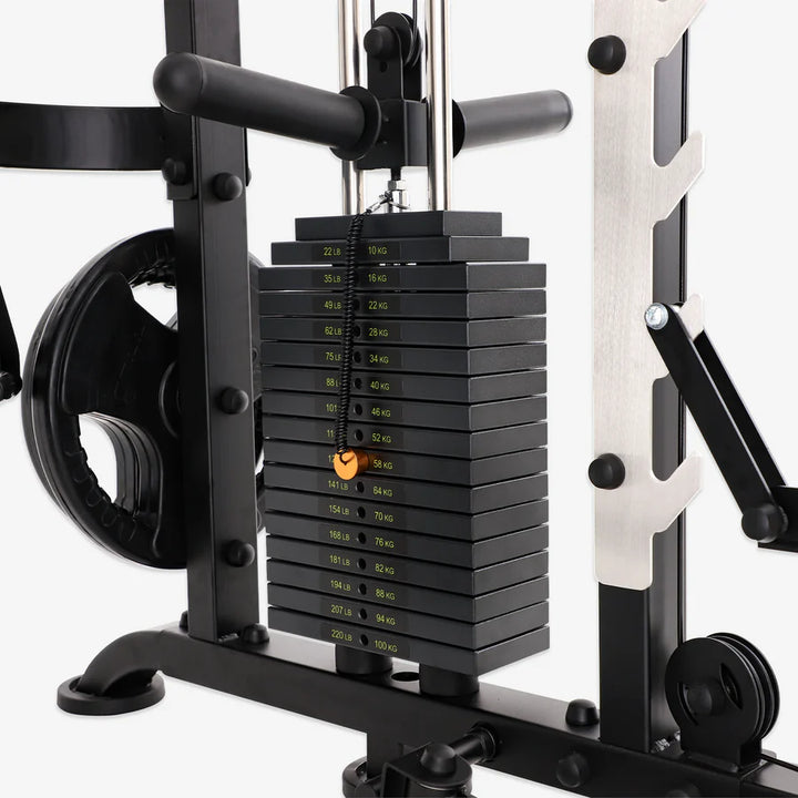 Close-up of weight stack on Altas Strength Smith Machine AL-M810, ideal for home gym and weightlifting training in Vancouver.