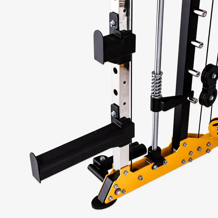 Close-up of Altas Strength AL-3059 Smith Machine, showcasing adjustable weight settings for effective workout in Vancouver.