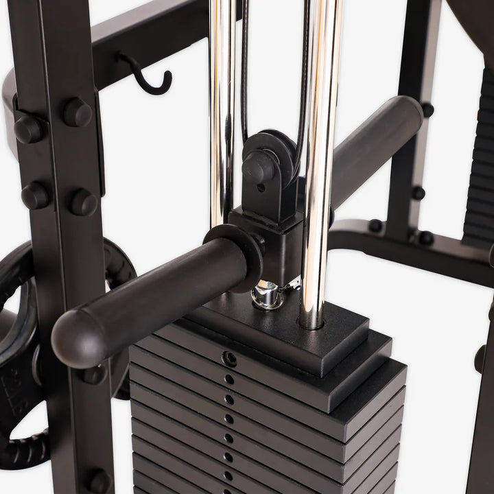 Smith machine weight stack detail for gym equipment in Vancouver, ideal for home gym and commercial fitness training.