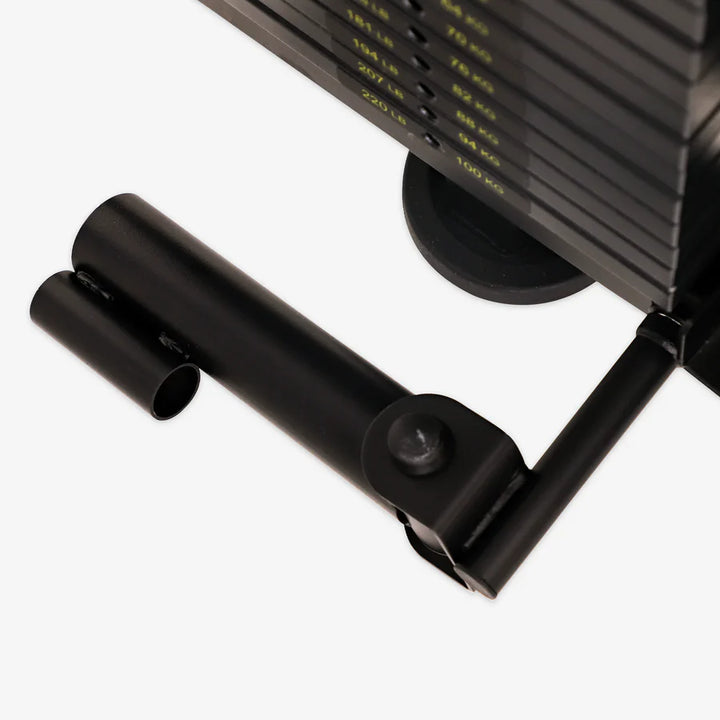 Close-up of the sturdy weight selector mechanism on the Altas Strength Smith Machine, ideal for home and commercial gyms in Vancouver.