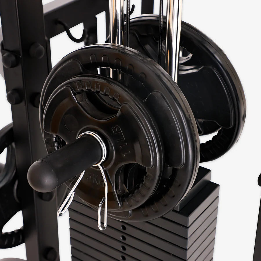 Close-up of weight plates on the Altas Strength Smith Machine AL-3061B, perfect for home gym setups in Vancouver.