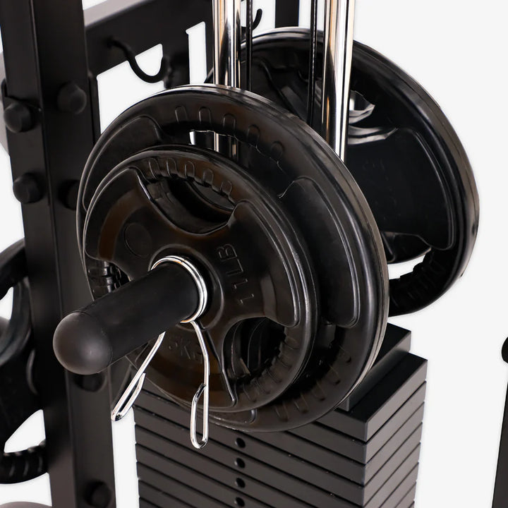 Close-up of weight plates on the Altas Strength Smith Machine AL-3061B, perfect for home gym setups in Vancouver.