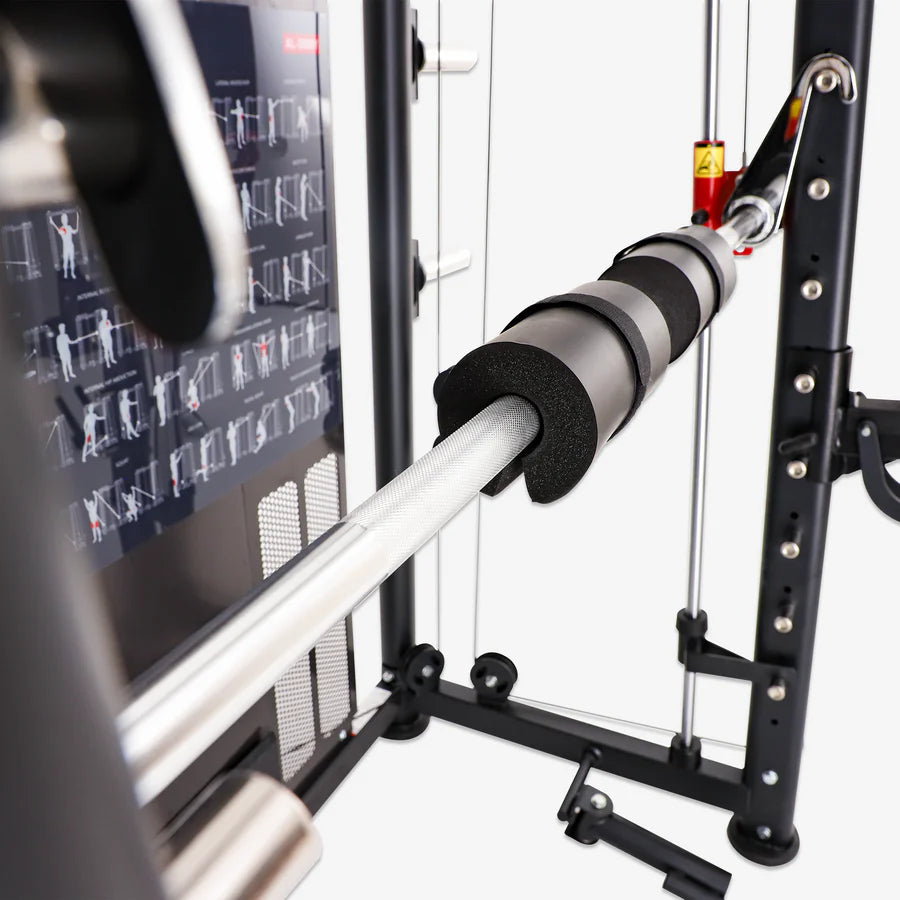 Close-up of Smith machine barbell with padded grips for weightlifting at home or gym, ideal for Vancouver fitness enthusiasts.