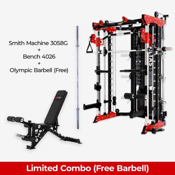 Discover the Limited Combo: Smith Machine 3058G, Bench 4026, and Free Olympic Barbell for your home gym in Vancouver.