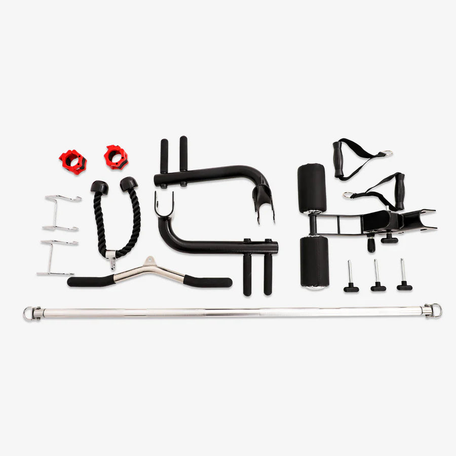 Smith machine attachment kit for home gym workouts, including bars, straps, and weights for diverse exercise options.