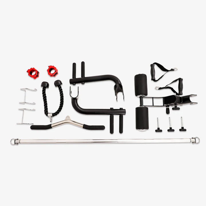 Smith machine attachment kit for home gym workouts, including bars, straps, and weights for diverse exercise options.
