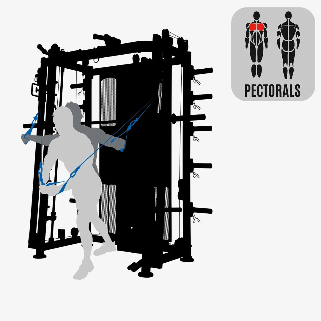 Train your pectorals with the Altas Strength Multi-Function Smith Machine for effective home workouts in Vancouver.