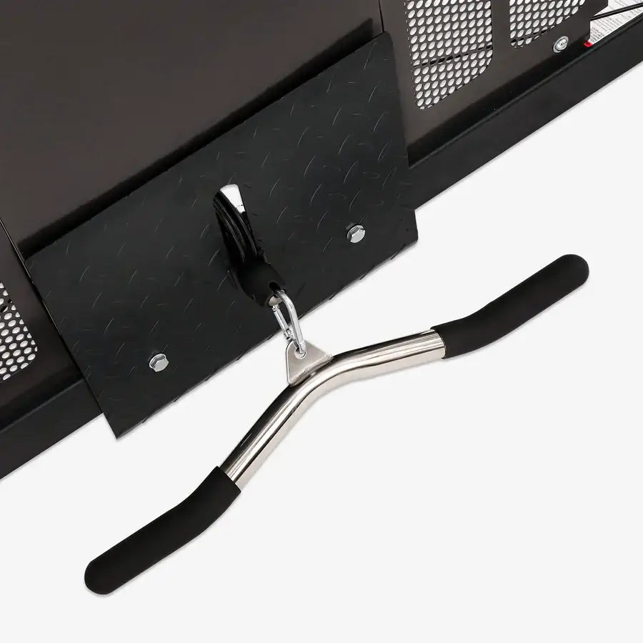 Close-up of Smith machine pulley system handle. Perfect for home gym workouts in Vancouver.