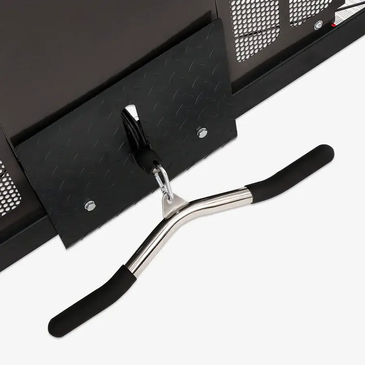 Close-up of Smith machine pulley system handle. Perfect for home gym workouts in Vancouver.