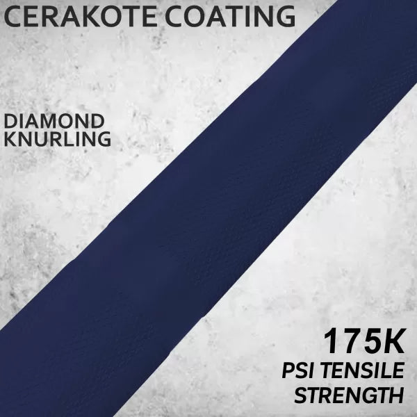 Close-up of the X-RIVAL Warrior Bar showing Cerakote coating and diamond knurling for better grip and durability.