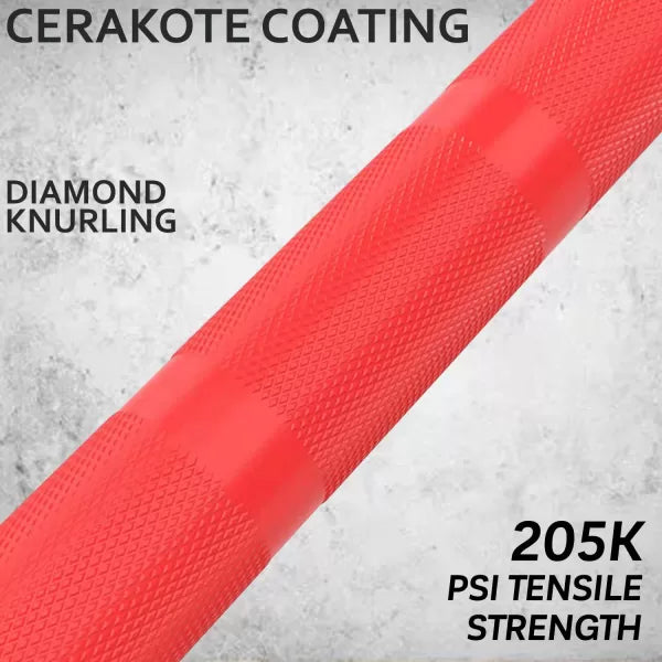 Close-up of X-RIVAL 2.0 Olympic Bar's Cerakote coating and diamond knurling for durability and grip.