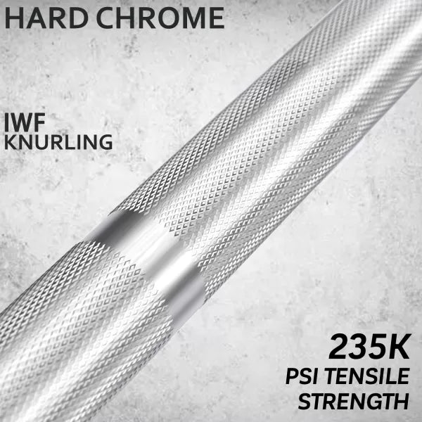 Close-up of X-Rival HERO 2.0 Olympic Bar's hard chrome finish and IWF knurling, showcasing its 235K PSI tensile strength.