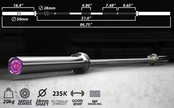 X-RIVAL HERO BAR 2.0 7ft Olympic barbell specifications for gym equipment in Vancouver.