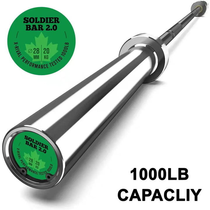 X-RIVAL SOLDIER BAR 2.0 Olympic barbell, 7ft length, 1000lb capacity, ideal for weightlifting in Vancouver's home gyms.