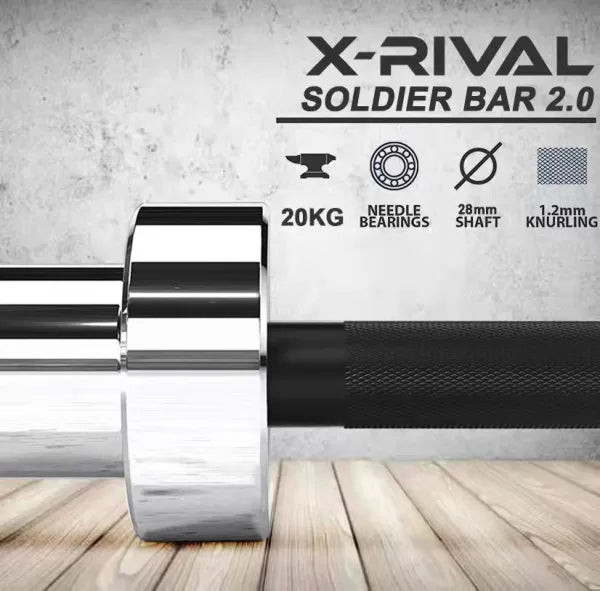 X-Rival Soldier Bar 2.0 featuring 20kg weight, needle bearings, and knurled grip for strength training in Vancouver's gym equipment.