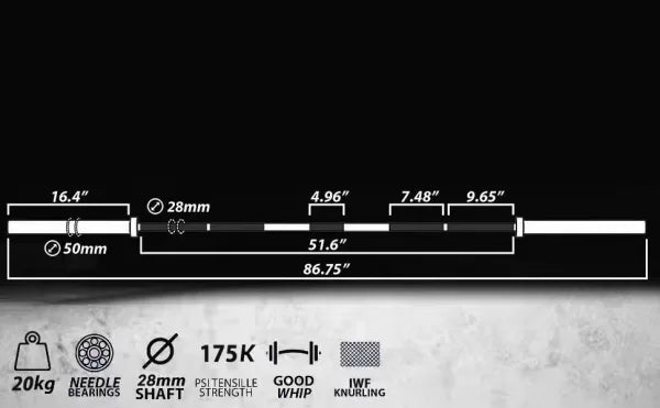 X-RIVAL Soldier 2.0 Olympic Bar specifications showing dimensions and features for gym enthusiasts in Vancouver.