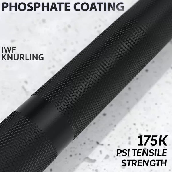 Close-up of X-Rival Soldier 2.0 Olympic barbell showing phosphate coating and textured knurling for strength training.